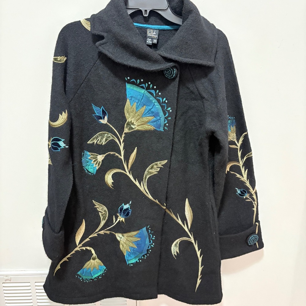 Covelo Floral Embroidered Boiled Wool Coat Women Black M Boho Long Jacket